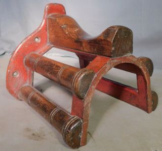 Antique Cast Iron Old Red Paint Polished Oak Wood Harness Tack Bracket Hanger