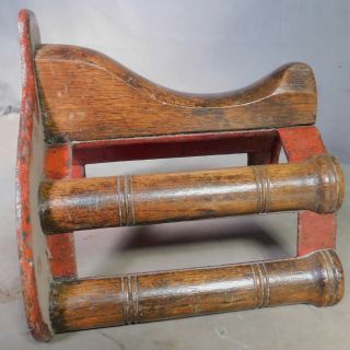 Antique Cast Iron Old Red Paint Polished Oak Wood harness tack Bracket Hanger 2