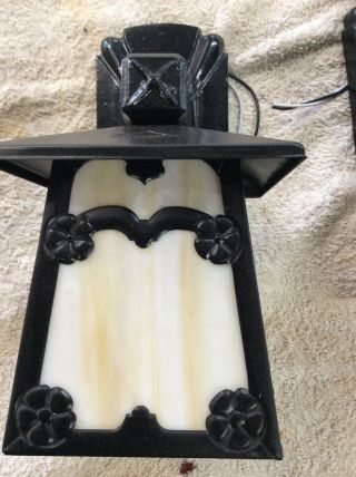 Antique Pair Cast Iron Arts Crafts Slag Glass Porch Wall Lights 3