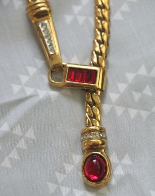 Signed Lanvin Germany Vintage Gold Tone Chain Ruby Red Stone Rhinestone Necklace