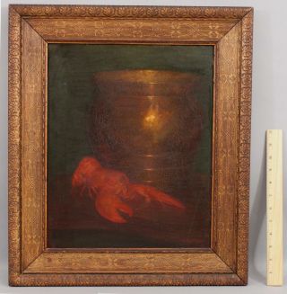 C1900 Antique Signed H.  Roth Still Life Oil Painting,  Lobster & Copper Pot Nr
