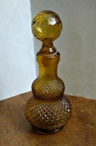 Small Amber Glass Decanter Vintage Circa 1970s Diamond Pressed Glass W/ Stopper