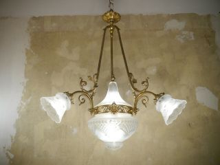 Antique 5 Light Art Nouveau Chandelier Brass Satined Glass Lamp