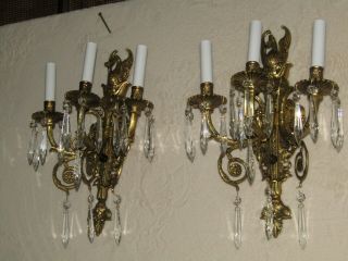 2 - 30 ' s FRENCH EMPIRE SOLID BRONZE ANTIQUE SCONCES SWANS 6 SERPENTS 32 CRYSTALS 2
