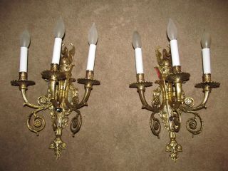 2 - 30 ' s FRENCH EMPIRE SOLID BRONZE ANTIQUE SCONCES SWANS 6 SERPENTS 32 CRYSTALS 3