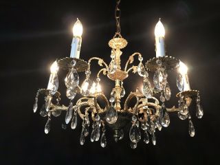 Antique / Vintage 6 Light Brass And Crystal Chandelier