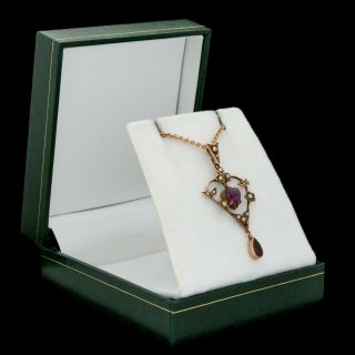Antique Vintage Art Nouveau 9k Rose Gold English Amethyst Seed Pearl Necklace