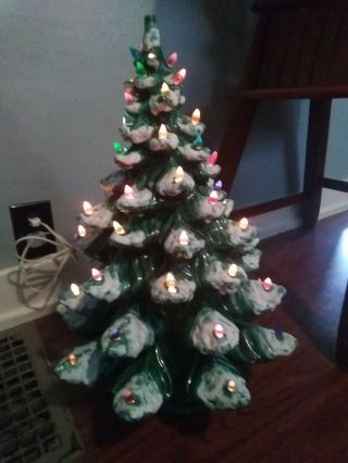 Vintage Ceramic Christmas Tree Atlantic Mold Light Up Flocked Snow 22 " With Base