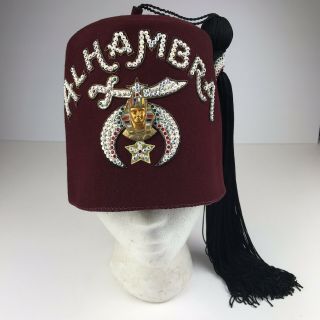 Vintage Alhambra Fez Cap Masonic Shriners Felt Hat Red Black Tassel 7 1/4