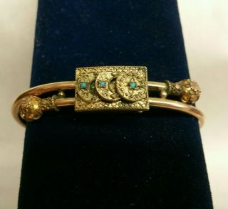 Antique Victorian Etruscan Revival Rose & Yellow Gold Filled Turquoise Bracelet