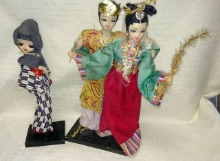 Vintage Oriental Chinese Asian Korean Geisha Silk Dolls With Painted Faces