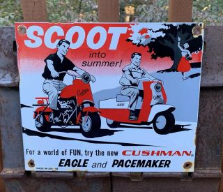 Vintage 1958 Cushman Eagle & Pacemaker Scooter Porcelain Dealer Sign