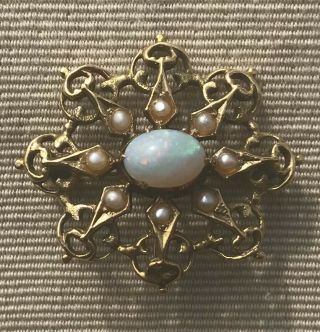 Vintage Ornate 14 Kt Yellow Gold Seed Pearl And Crystal Opal Pin Pendant