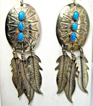 Vintage Earrings Sterling Silver Turquoise Native American With Feather Charms