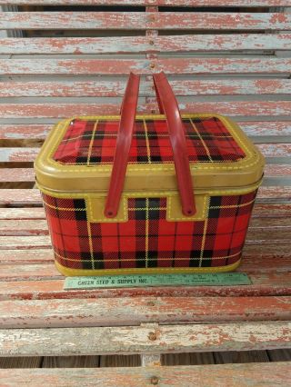 Vintage Red Plaid Metal Picnic Basket Box Picnic Farmhouse Rustic Decor