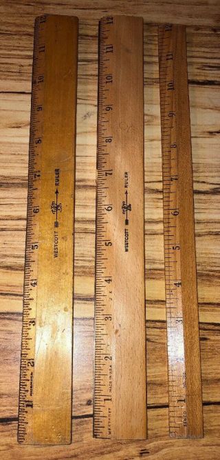 3 Vintage Wooden 12 Inch Rulers (2) Westcott Metal Edge (1) Senco No.  708 Guc
