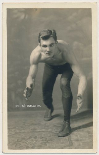 Handsome Shirtless Young Wrestler Man Vtg 1910 