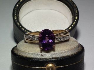 Stunning Vintage Solid 9ct Gold 1½ Carat Natural Amethyst & Diamond Set Ring