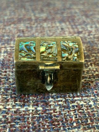 Vintage Tiny Sterling Silver Treasure Chest Trinket Pill Box W/ Inlaid Abalone