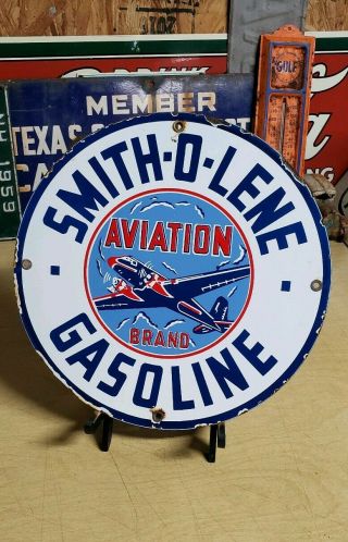 Smith - O - Lene Gasoline Porcelain Sign Plate Vintage Aviation Aircraft Air Plane