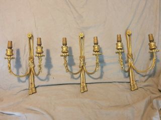 3 Antique Early 20th Century Regency Adams Style Brass 2 Arm Wall Light Sconces 2