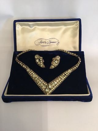 Stunning Rare Kramer Ny Yellow Clear Rhinestone Statement Necklace And Earrings