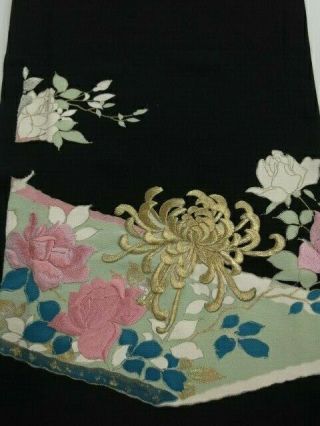 2d04z70 Japanese Kimono Silk Fabric Black Chrysanthemum 47.  2 " Embroidery