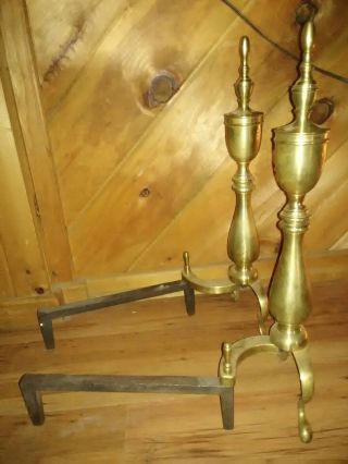 Vintage Brass And Cast Iron Fireplace Andirons Or Firewood Holders 22 In.  Tall.