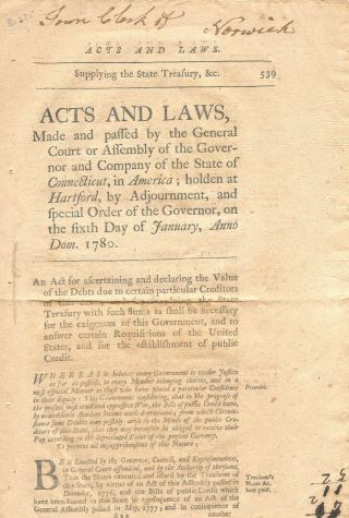 Revolutionary War Connecticut Acts & Laws January 1780 Finances Tories & Militia