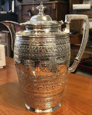 Antique Victorian Silver Plated Water Jug Fully Emboosed Astrology Stars Rare