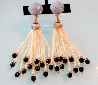Vtg 80s Givenchy Diamonte Crystal Glass Pearl Tassel 4.  4 " Runway Duster Earrings
