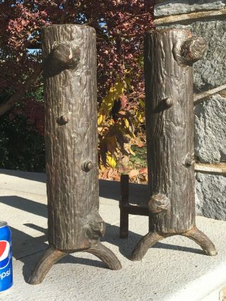 Cast Iron Figural Tree Stump Fireplace Andirons Mid Century Mod