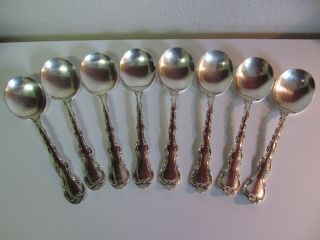 Set Of 8 Antique 1897 Strasbourg Sterling Silver Round Soup Spoons By Gorham