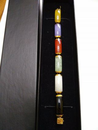 Vintage 14k Solid Gold,  Multi Color Jade Lucky Link Bracelet 7 " 3/8 " W Stunning