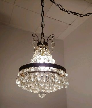 Small Antique Brass & Crystal Basket Chandelier Ceiling Light With Spanish Chain