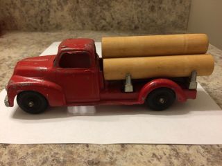 Hubley Kiddie Toy,  Log Truck 452,  Red,  6 - 1/2 " Long,  4 On Roof,  With Logs.