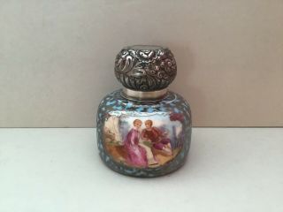Rare Dresden French Porcelain Inkwell W Sterling Silver Roupesse Top & Overlay