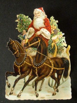 Very Large Victorian Die Cut Chromo Scrap Of Santa Claus On Horse Drawn Sleigh