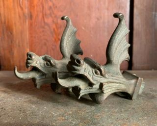 Rare Set Of 2 Antique Sea Serpent Cast Iron Hardware Finials
