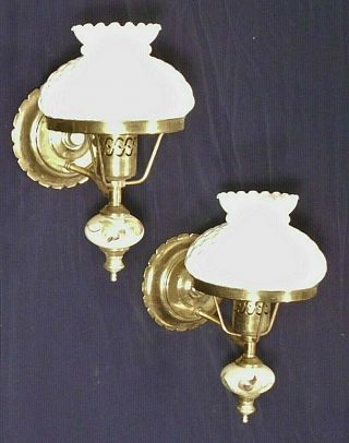 Vintage Mid Century Brass Sconces With Milk Glass Shades