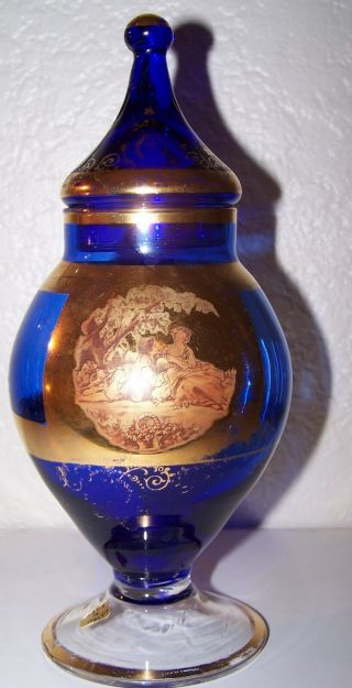 40 Venetian Murano Cobalt Blue Pedestal Base Jar W/lid 24kt.  Gold Gilt Trim