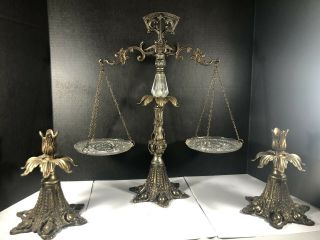 Vtg Ornate Brass And Crystal Scales Of Justice Balance Law With Brs Cande Holder