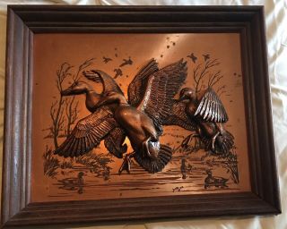 Vintage John Louw 3d Framed Copper Art Wall Picture Duck Geese 16x14 Frame