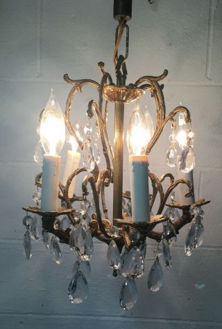 Vtg Petite Chandelier Brass & Crystal,  5 Arms,  11.  5’ Chain W/switch Provincial