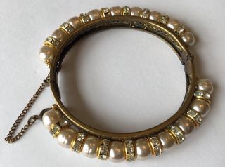 Vintage Miriam Haskell Signed Baroque Pearl & Rhinestone Hinged Bracelet