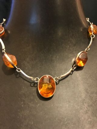 Vintage 925 Solid Sterling Silver And Baltic Amber Cabochon Chain Necklace