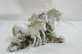 Vintage Chinese Shiwan 3 White Yellow Horses On Porcelain Sculpture 70s