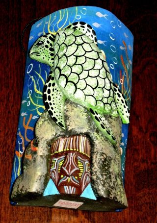 Hand Carved Signed Wood Sea Turtle Hanging Sculptur Costa Rica Paradiso Tropical