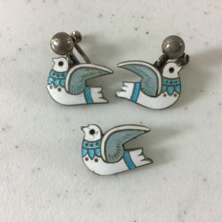 Margot De Taxco Mexican Sterling Silver Enamel Birds Earrings Pin White Blue