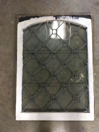 Antique Leaded Clear Stained Glass Window In Wood Frame Arched Top 31x 42 White